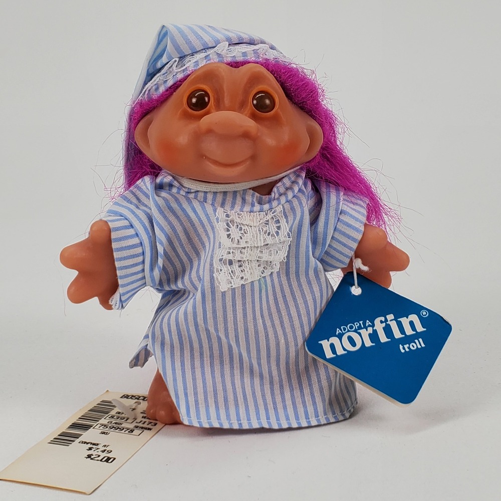 Vintage 1986 Norfin Troll Doll Magenta Hair Blue Striped Pajamas Sleep Cap 4.5"